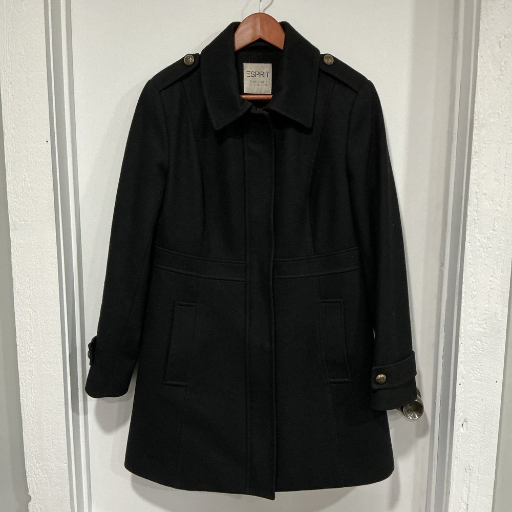 Esprit Women's Military Wool Blend Overcoat, Black, Size Large